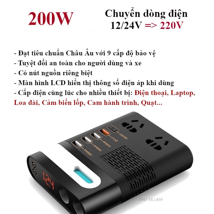 Chuyển đổi dòng điện Inverter 12/24V lên 220V công suất 200W dùng trên xe hơi, gia đình cho nhiều thiết bị