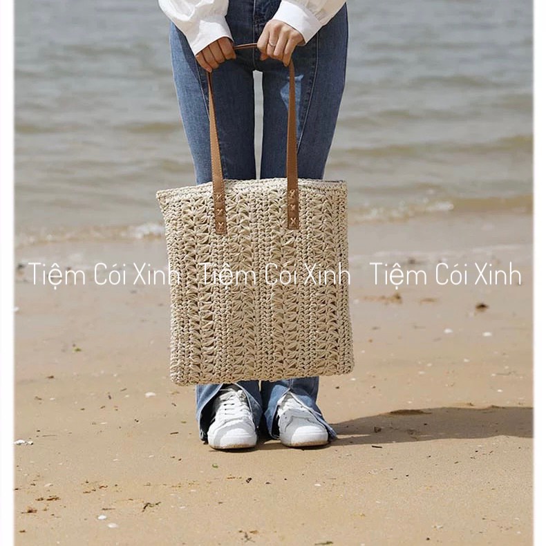 Túi Cói Tote Vintage Đi Biển Đeo Vai Dáng Chữ Nhật Dây Da Lót Vải Và Dây Kéo Gấp Gọn Dễ Dàng