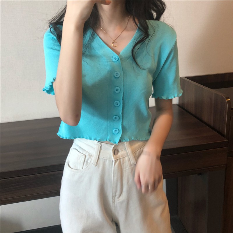Áo dệt kim ngắn tay cổ chữ V phong cách thời trang cho nữ | BigBuy360 - bigbuy360.vn