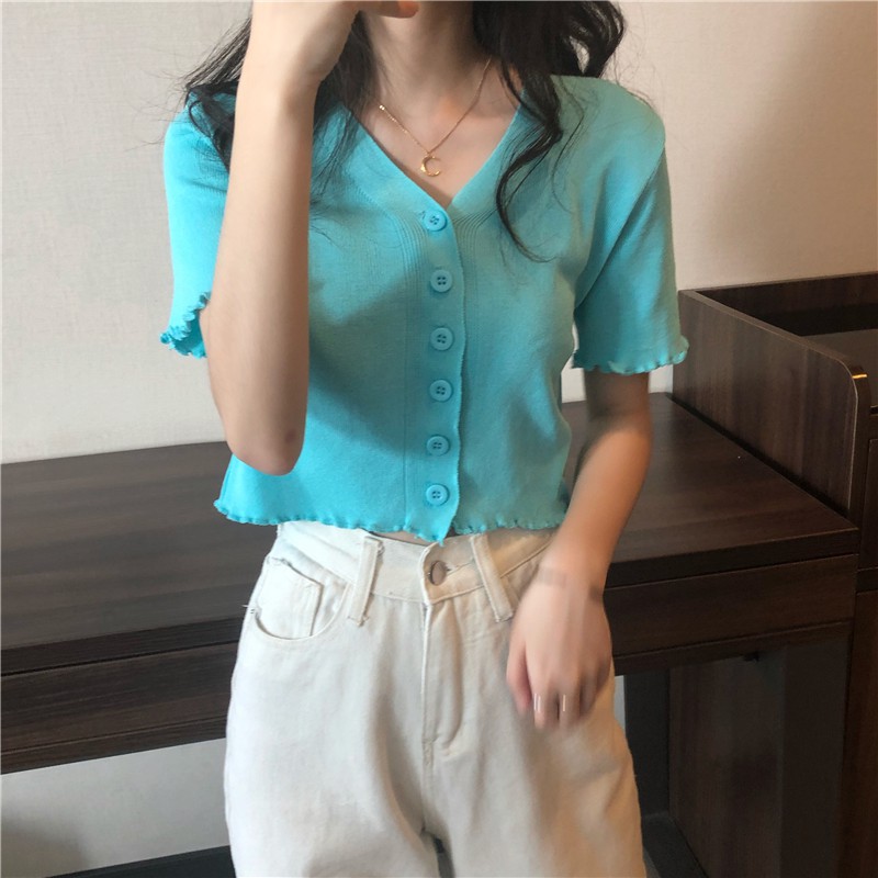 Áo Croptop Dệt Kim Ngắn Tay Phối Ren Xinh Xắn Cho Nữ