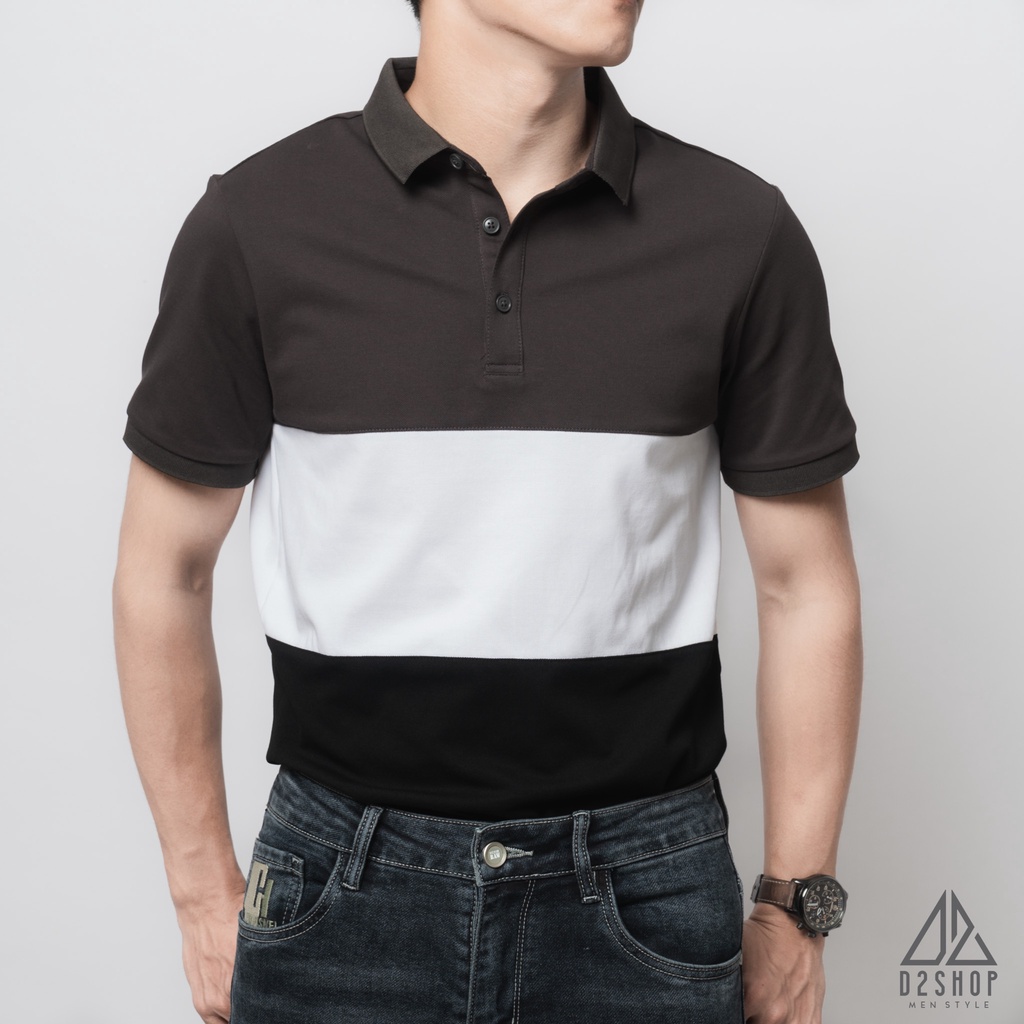 Áo thun polo nam D2shop, áo polo nam phối 3 màu xám trắng đen