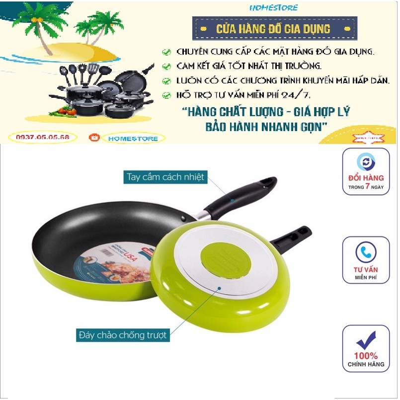 [Freeship]Chảo cặp nhôm trơn cạn Sunhouse chính hãng phi 18 + 24 xanh