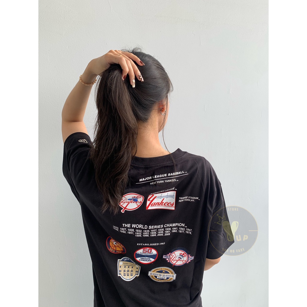 Áo new era chính hãng – áo thun unisex, màu đen logo NY và màu trắng - navy logo LA, nhiều sticker sau áo, thoáng mát