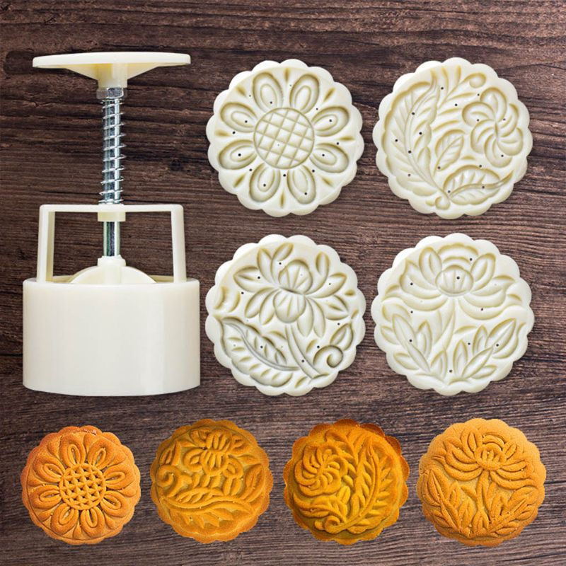 be❀  4pcs Hand Press Cookie Stamp Moon Cake Decor Barrel Mooncake Mold 125g Pastry DIY Tool