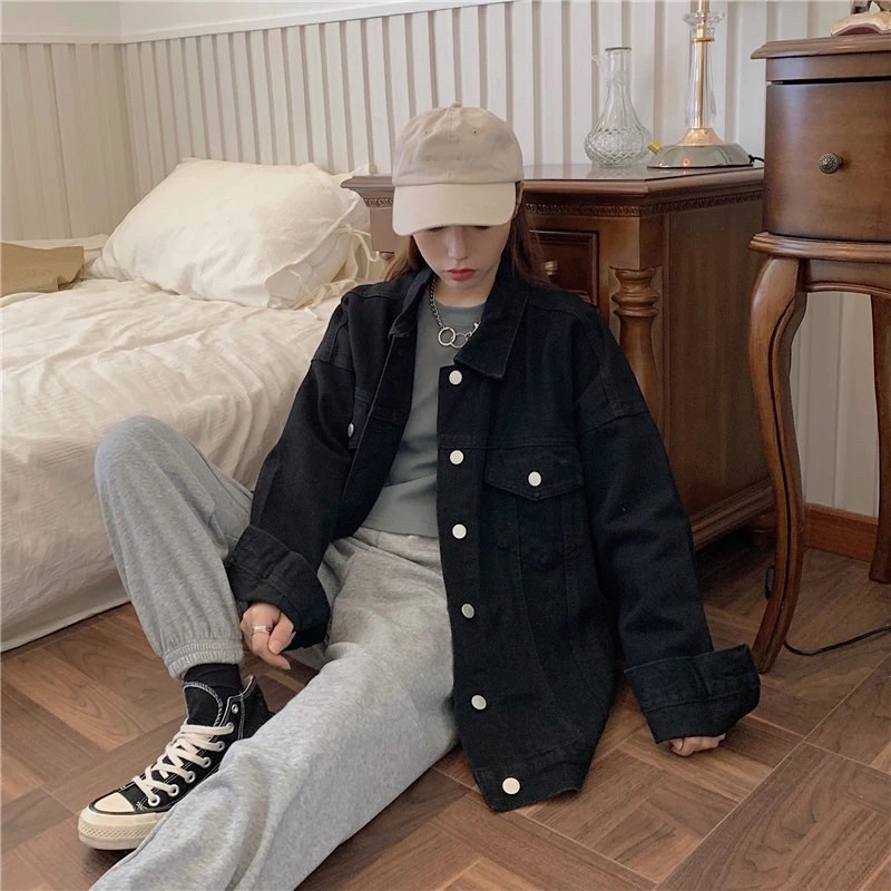 Áo Khoác Bò Denim Áo Jean Dài Tay Màu Đen Nam Nữ Unisex Phong Cách Ulzzang Basic chất loại 1 Quảng Châu