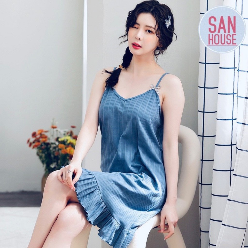 Đầm ngủ 2 dây, đuôi cá sexy màu sắc dễ thương, tươi sáng, phối nơ, váy ngủ tiểu thư, đồ mặc nhà xinh