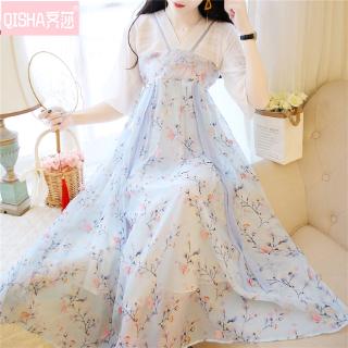 Modified Hanfu dress summer new female embroidered ancient fairy fairy high waist middle sleeve chiffon dress