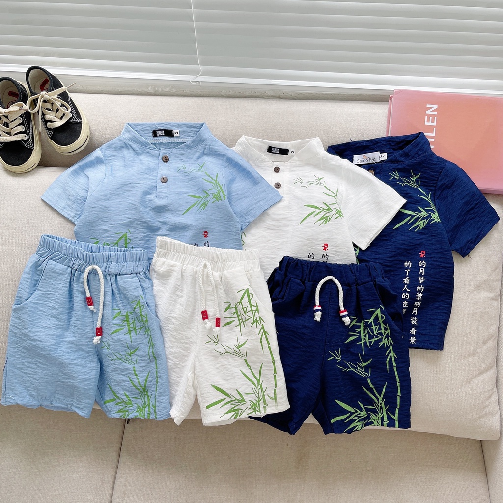 Đồ bộ bé trai MOOBABY SHOP , Bộ cộc tay cho bé chất đũi in hình cây tre cực đẹp cho bé từ 6-28kg