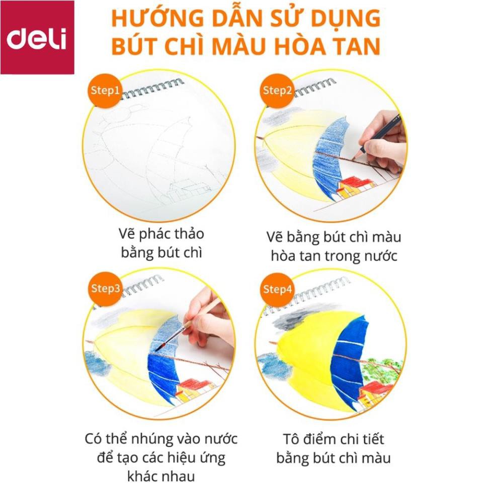 Bút chì màu nước cao cấp Deli 24 - 36 - 48 màu/ hộp kèm bút lông - 6518/6519/6520 [Deli]