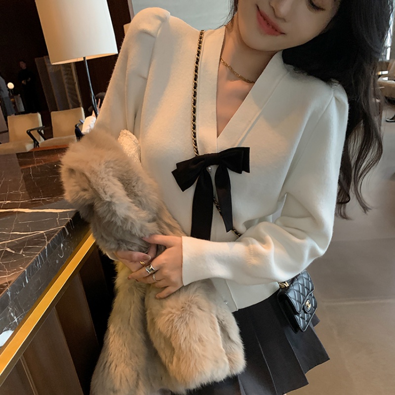 Áo khoác cardigan PERTY mềm mại đính nơ phong cách Hàn Quốc xinh xắn dành cho nữ