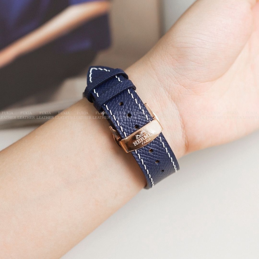 Dây da thủ công Epsom Xanh Navy Chỉ Trắng dành cho Apple Watch, đồng hồ thông minh, đồng hồ cơ