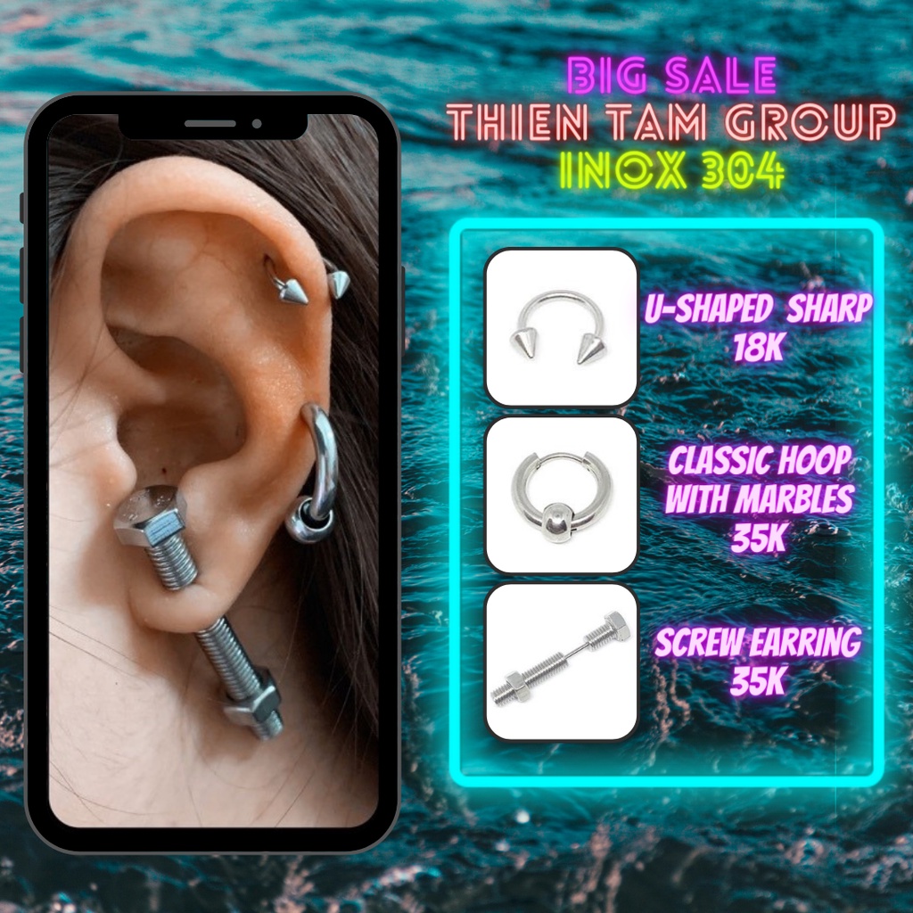 Khuyên tai chữ U khuyên tai tròn bi khuyên tai đinh ốc bằng inox 304 không rỉ X12 - Tâm Tattoo