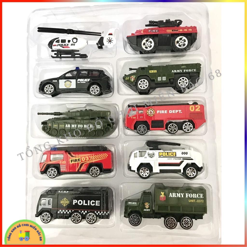 Đồ chơi Hộp 10 xe ô tô sắt quân sự cứu hỏa, cảnh sát, máy bay, xe tăng siêu bền cho các bé trai TKMB68