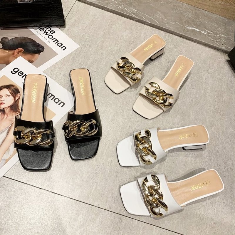 Dép Sandal Cao Gót Nữ Mũi Vuông Phối Kim Loại Thời Trang