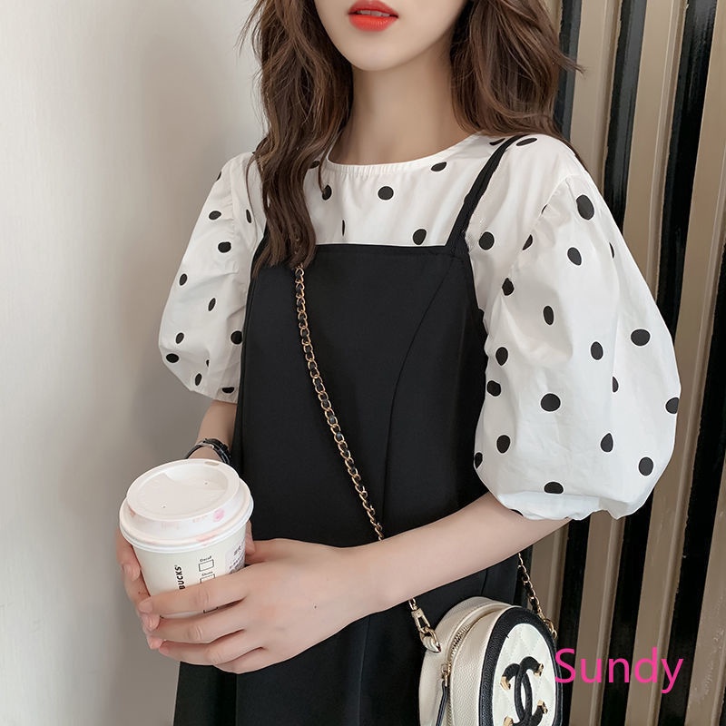 Bộ Áo Sơ Mi Chấm Bi + Đầm Yếm Thời Trang Mùa Hè Phương Tây Dành Cho Nữ