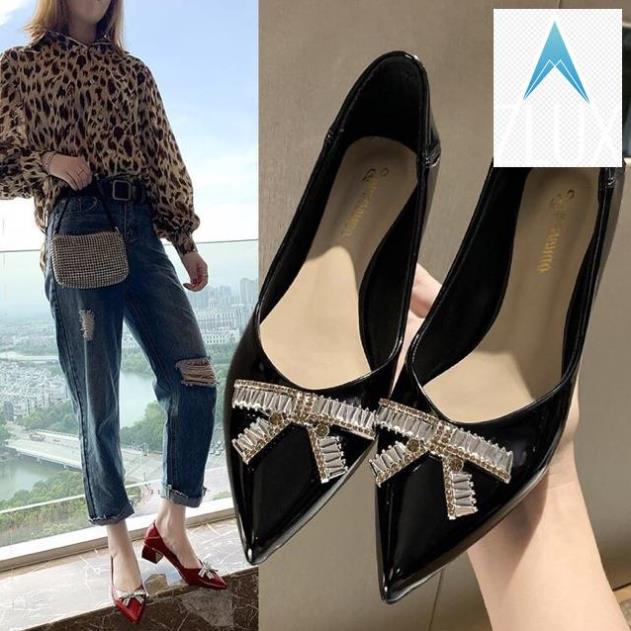 (ORDER) Giày cao gót 5cm da bóng mũi nhọn nơ đá BIG SIZE 35-43