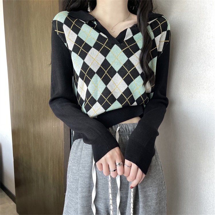 Áo len ZHELIHANGFEI cổ polo họa tiết hình thoi theo phong cách Mỹ dễ phối đồ