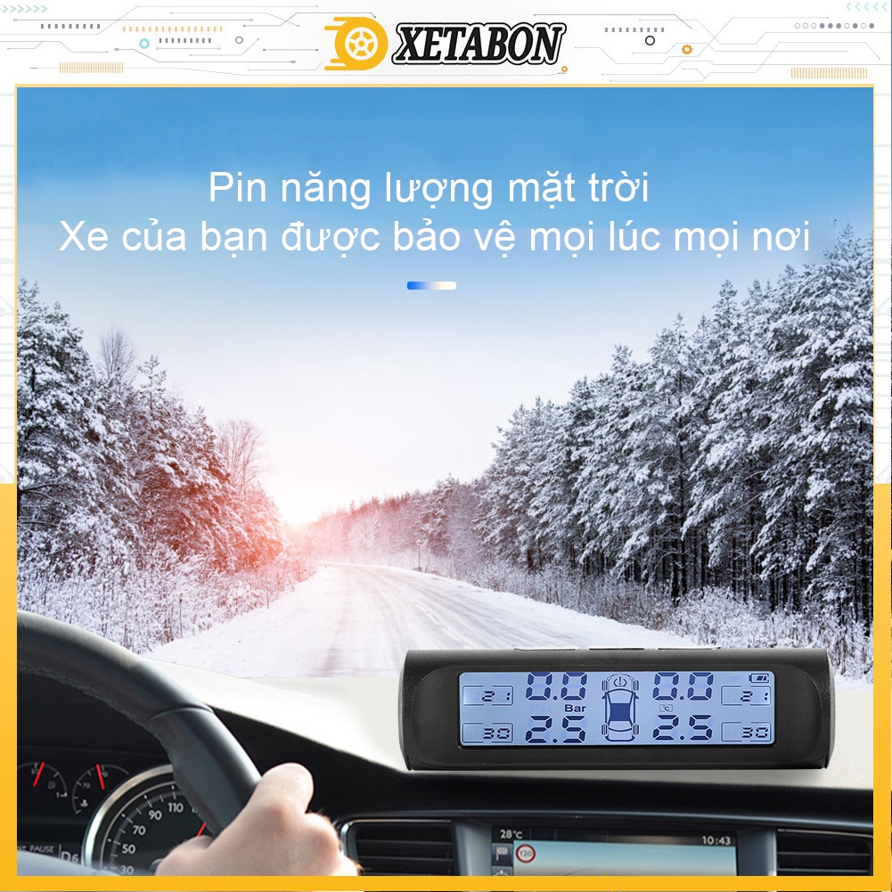 Cảm biến áp suất lốp ô tô XETABON- TPMS van gắn ngoài pin sạc năng lượng mặt trời, màn hình đen trắng BH 12T