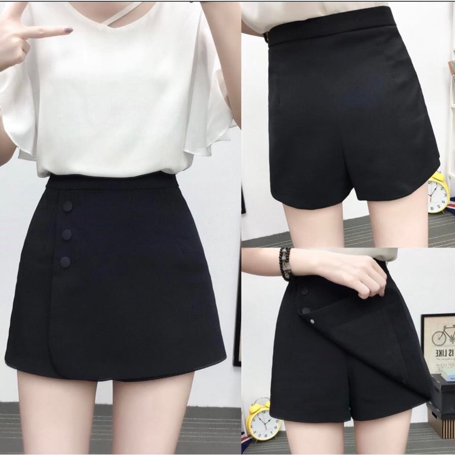 quần short váy chữ A phối 3 cúc lệch quần đùi nữ cạp cao màu đen chất tuyết mưa | BigBuy360 - bigbuy360.vn