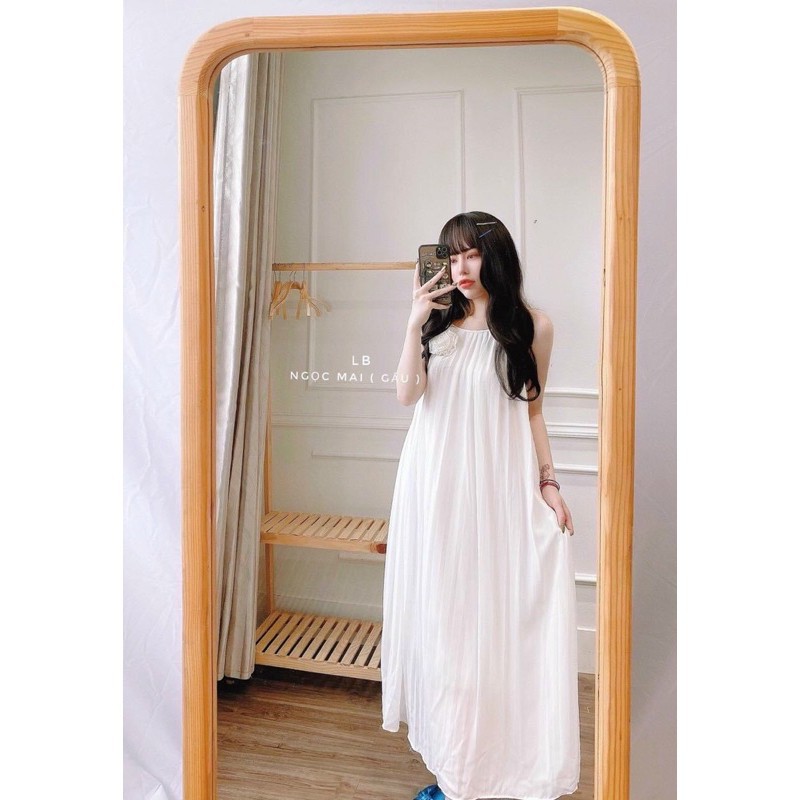 Đầm maxi hai dây dập ly phối hoa nhỏ siêu dễ thương hình thật
