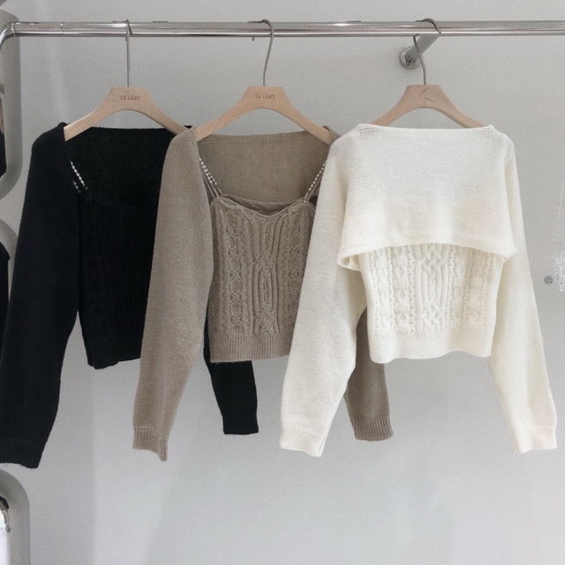 Áo Len Cardigan Dài Tay Hai Dây Đính Ngọc Trai Phong Cách Pháp Cổ Điển Dành Cho Nữ