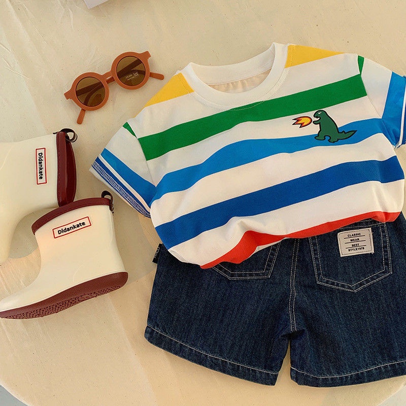 Áo Thun Ngắn Tay Họa Tiết Sọc Ngang Phong Cách Hàn Quốc Dành Cho Bé Trai S 2022