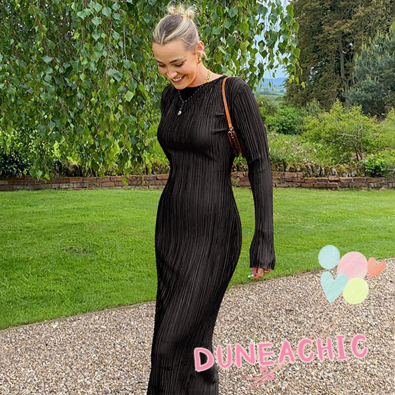 DUNEA Đầm Midi Tay Dài Màu Trơn Thiết Kế Thanh Lịch Cho Nữ