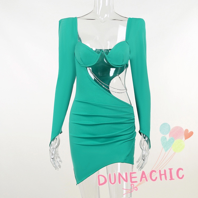 DUNEA Đầm Dài Tay Cổ Vuông Phối Xếp Li Xinh Xắn Dành Cho Nữ