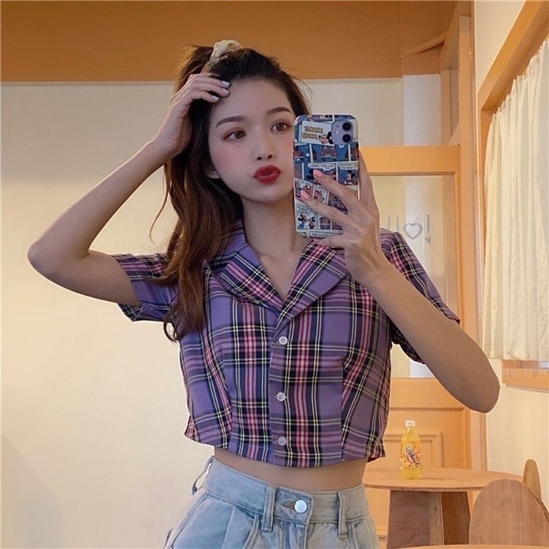 ÁO CROPTOP XINH CARO CỔ BẺ CR9