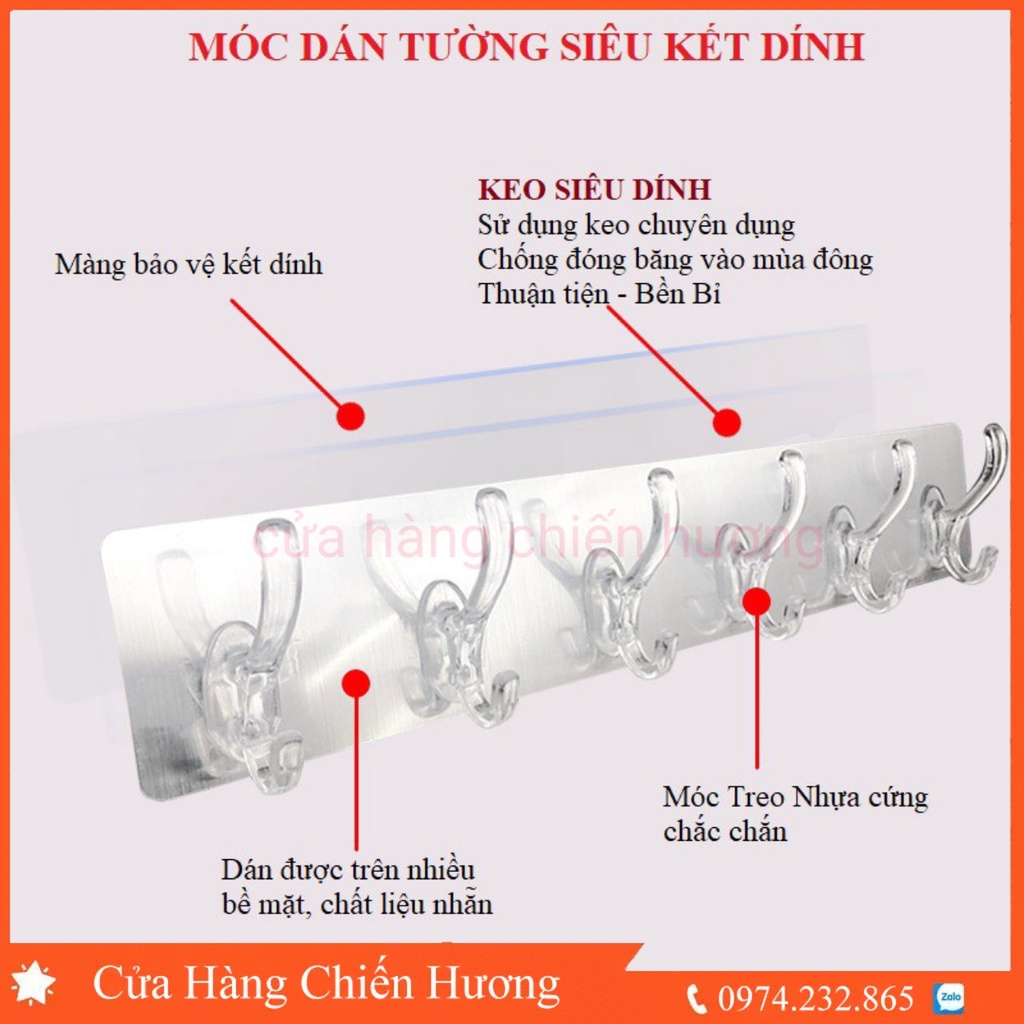 Thanh Treo Đồ Dán Tường 6 Móc Liền Mạch Siêu Dính