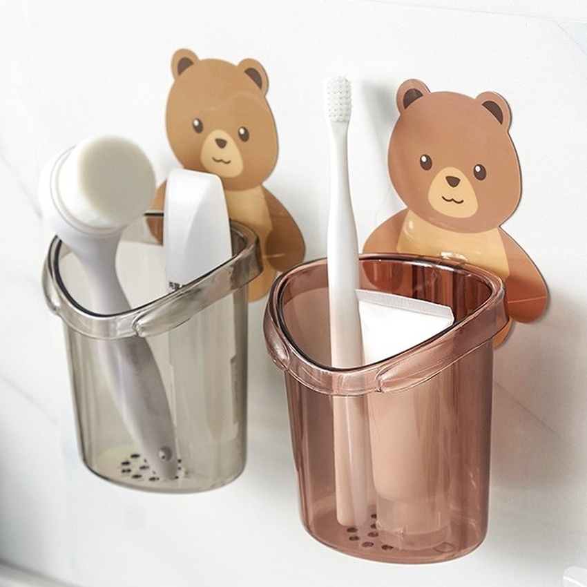 Combo 2 Cốc gấu đựng bàn chải kem đánh răng thiết kế lỗ thoát nước nhựa PP cao cấp tiết kiệm không gian đa năng Angola