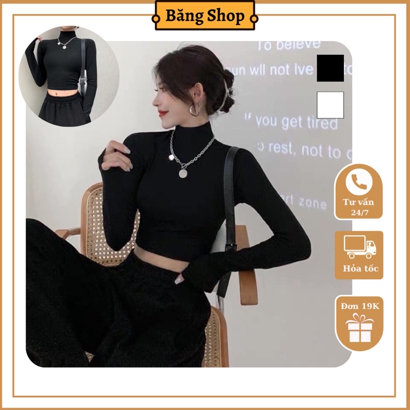 Áo thun tăm croptop dài tay cổ lọ màu đen, trắng - Freesize < 55kg
