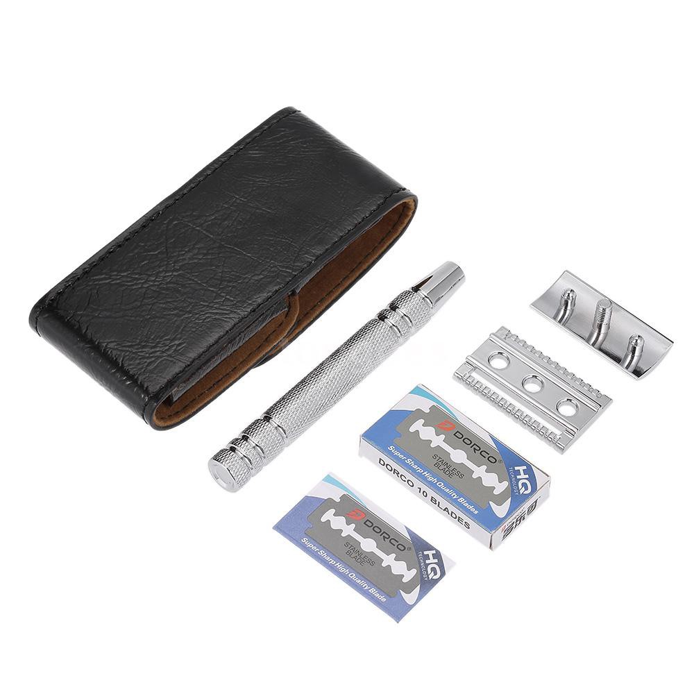 T&G Double Edge Safety Razor Stainless Steel Manual Shaving Razor Traditional Razor With 10pcs Blades PU Storage Bag