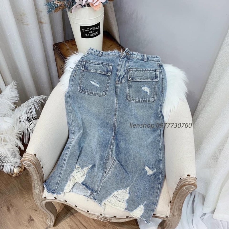 Ảnh Thật — Chân Váy Jean dài rách fom qua gối đủ size kèm ảnh thật shop chụp