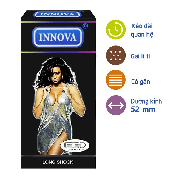 Bao cao su Innova đen Long Shock hộp 12 chiếc kéo dài thời gian, có gai lớn