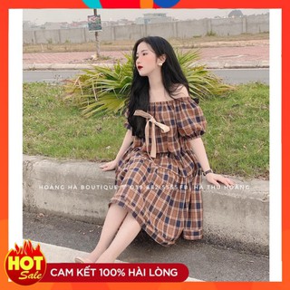 Đầm caro trễ vai 93