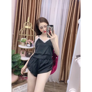 Bộ đồ ngủ nữ lụa satin phối ren cao cấp, bộ đồ ngủ nữ 2 dây, đồ ngủ gợi cảm sexy quyến rũ shopmepon dn22