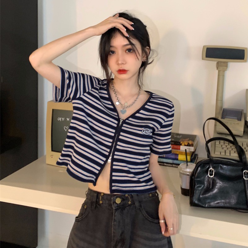 Áo Cardigan Dệt Kim Tay Ngắn Cổ Chữ V Phối Khóa Kéo Thời Trang