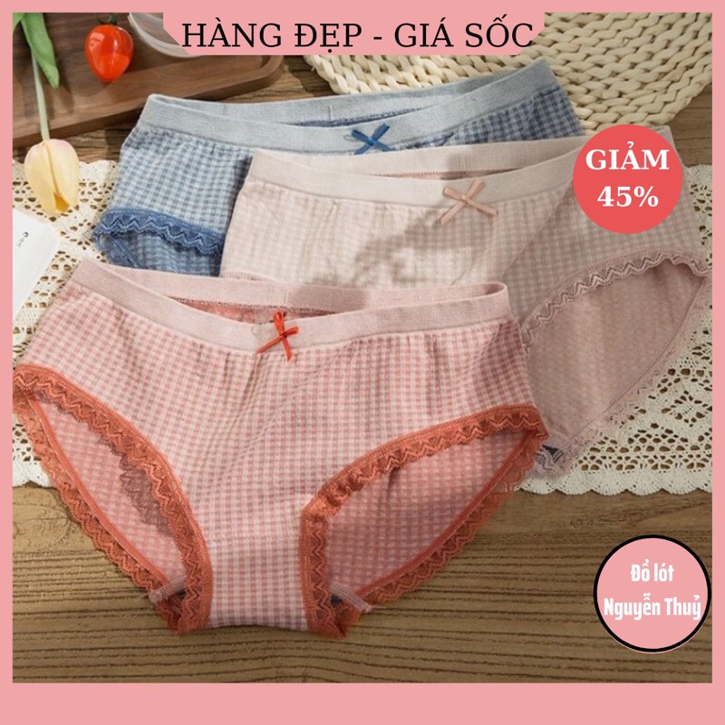 Hộp 5 quần lót nữ cotton nâng mông kháng khuẩn kẻ caro nơ
