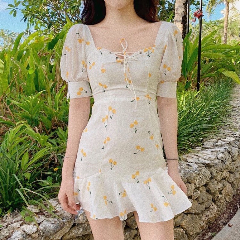 đầm tay phồng cherry