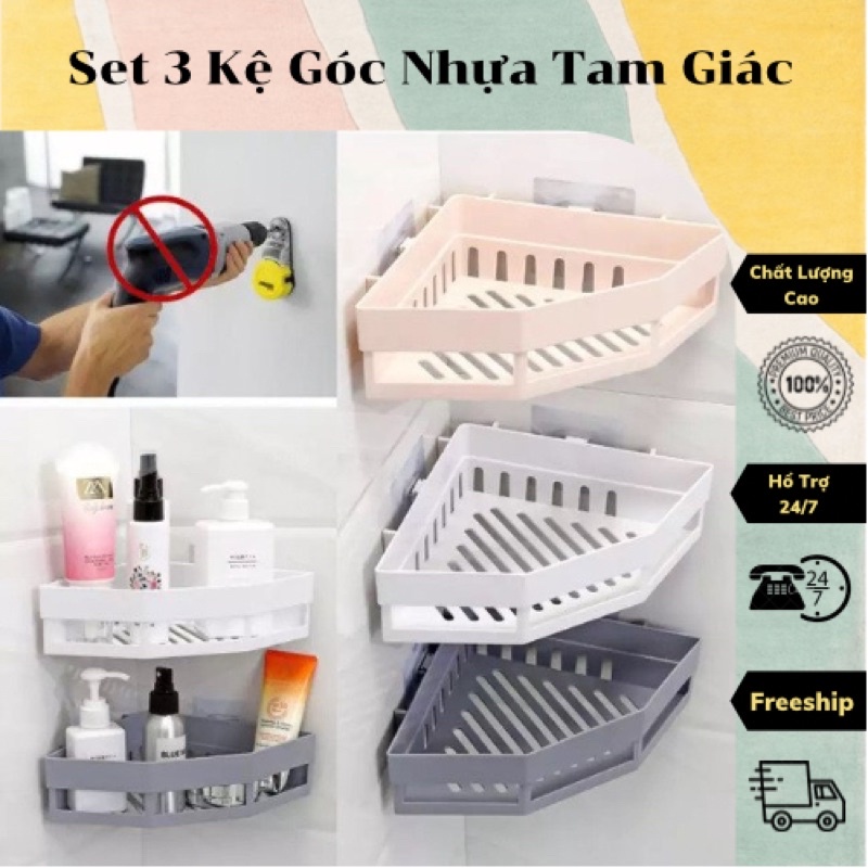 Set 3 kệ góc tam giác dán tường nhà tắm đa năng