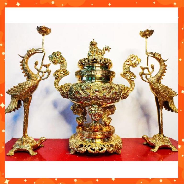 Bộ Đồ Thờ Ngũ Sự Đỉnh Song Long Chầu Nguyệt 40cm bằng đồng nguyên chất, lư đồng cao cấp