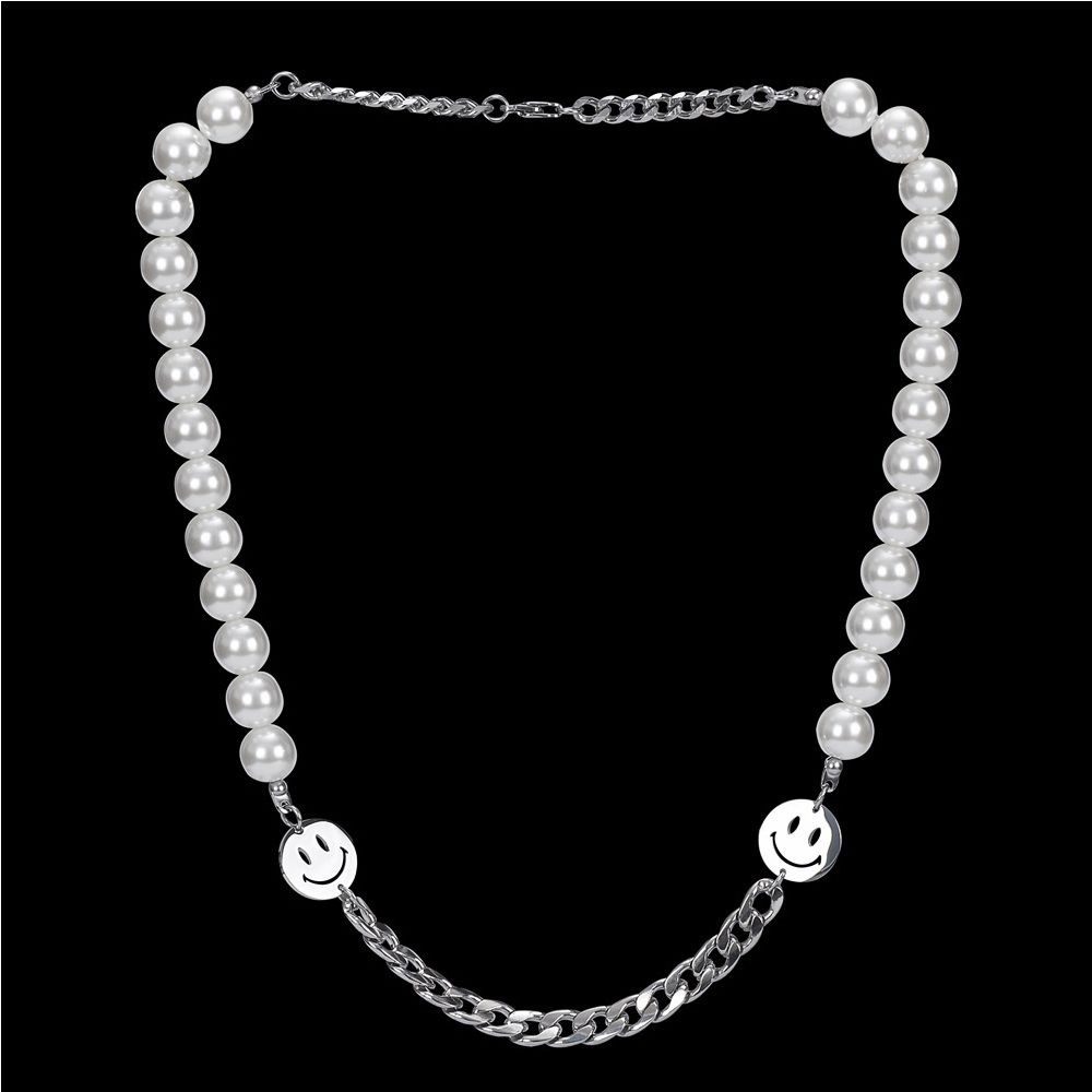 Vòng cổ bằng thép titan mặt hình mặt cười đính ngọc trai phong cách hip hop thời trang cho nam