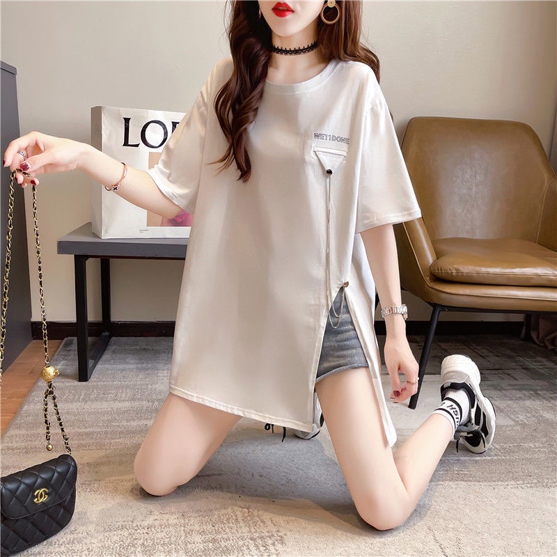 áo phông nữ from rộng xẻ tà chất cotton co giãn thiết kế mới lạ đường may tỷ mỉ size đến 70kg | BigBuy360 - bigbuy360.vn