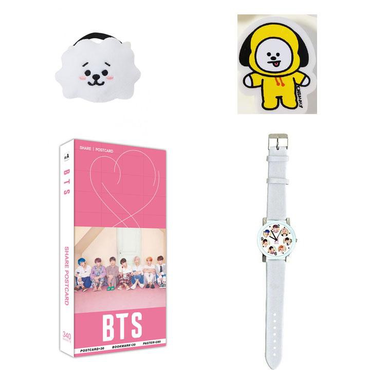 (M60) Combo 4 món đồ BTS gồm postcard dây buộc tóc tẩy BTS chibi đồng hồ đeo tay