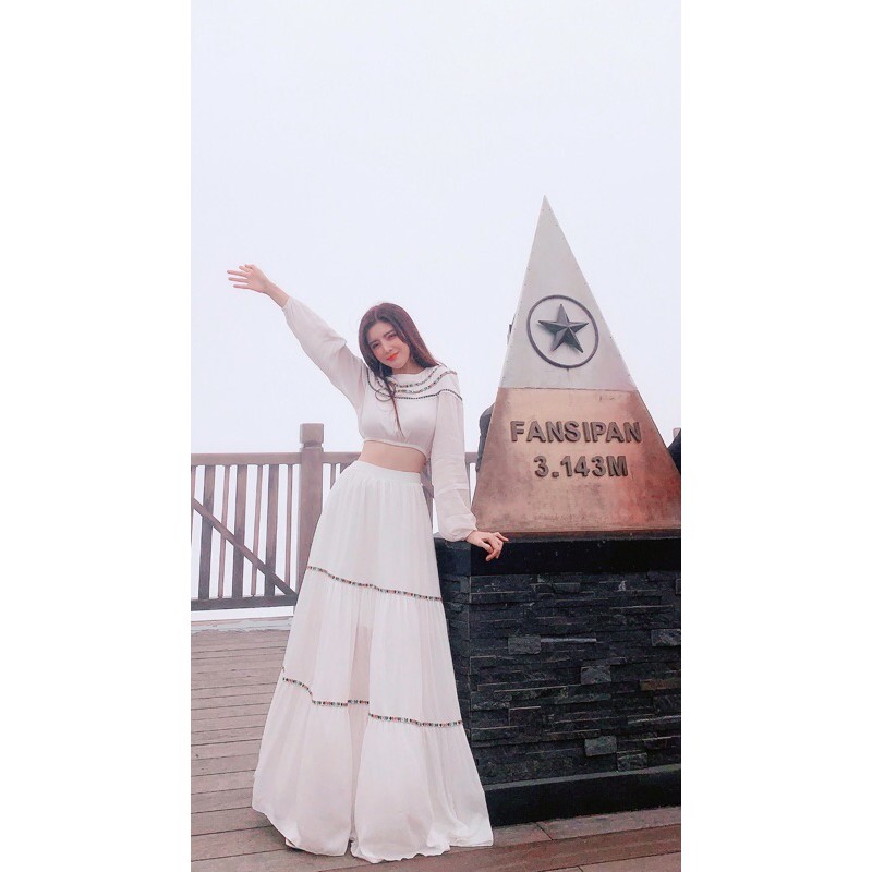 [🍁Hàng sẵn] Set đầm maxi trắng nối tầng viền thổ cẩm boho du lịch chụp ảnh | BigBuy360 - bigbuy360.vn