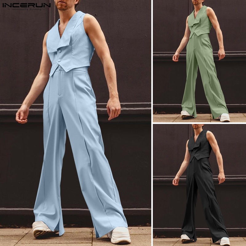 Set áo không tay + quần dài Incerun ống rộng thời trang cá tính cho nam 3 màu độc đáo tùy chọn