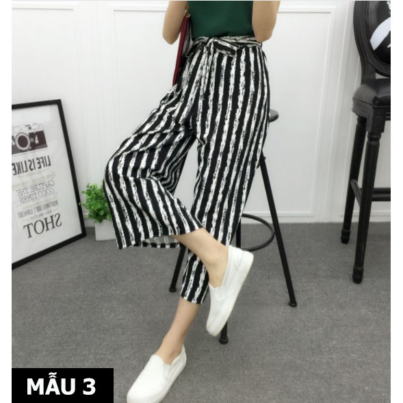 Quần ống loe Culottes kẻ sọc chất vải mềm thắt nơ eo