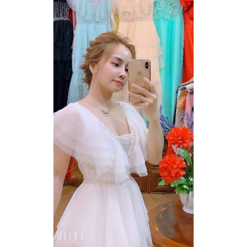 Đầm dư tiêc bèo vai tiểu thư tần maxxi kèm ảnh thât