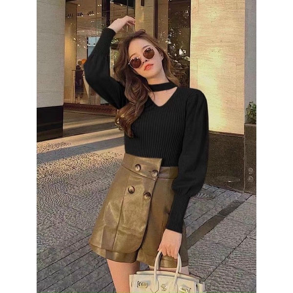 Áo len tay bồng dây cổ choker | BigBuy360 - bigbuy360.vn